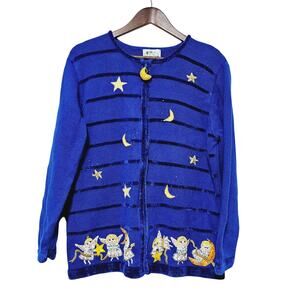 VTG Quacker Factory Christmas Sweater Cardigan Full Zip Blue Angels Stars Moon L